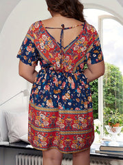 Boho Dress Women's Plus Colorblock Floral Print Bat Sleeve V Neck