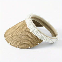 Faux Pearl Straw Visors Women Summer Sun Hats UV Protection