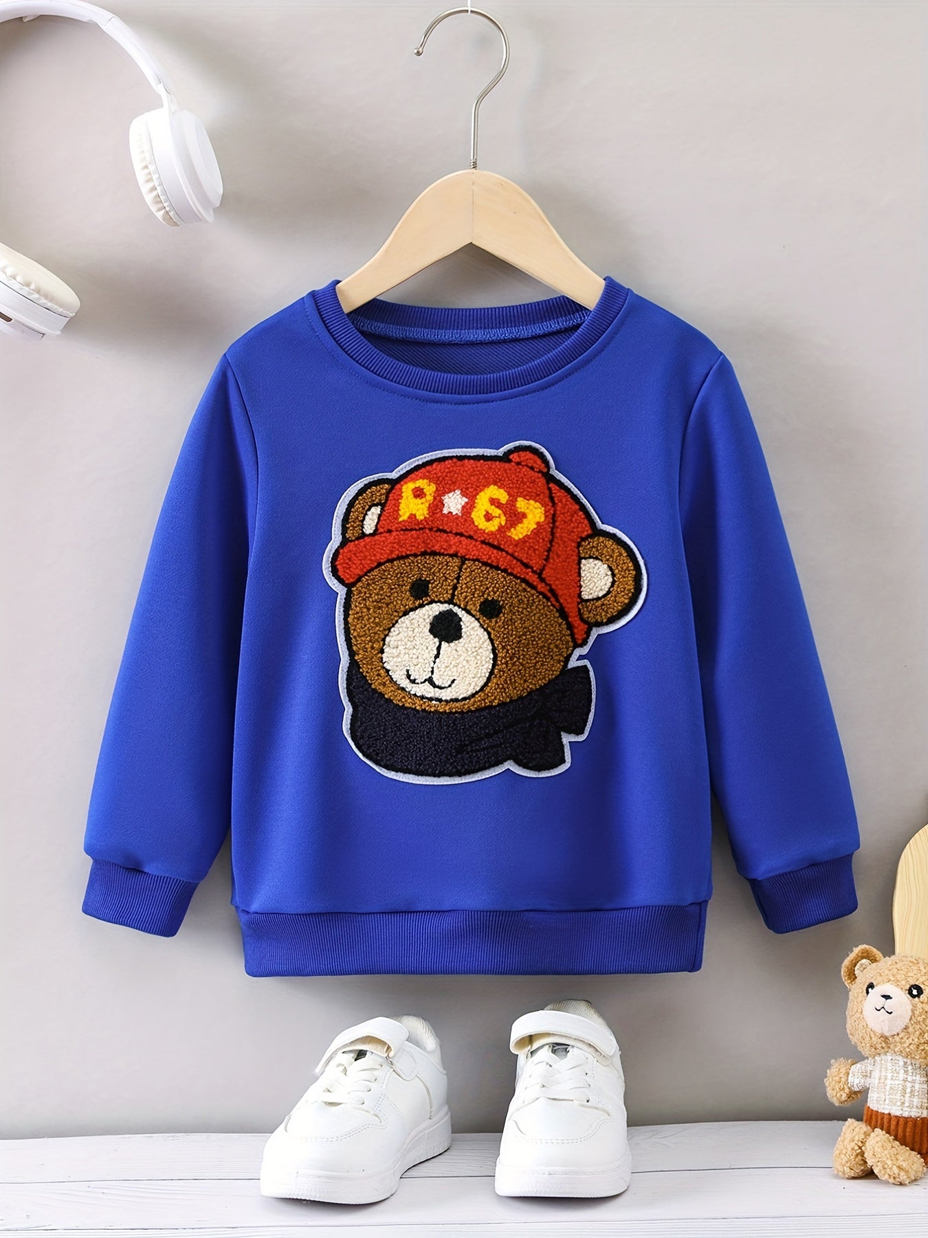 Boys Casual Bear Embroidered Pullover Sweatshirt