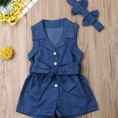 Girls Denim Romper Belted Jumpsuit & Headband Set