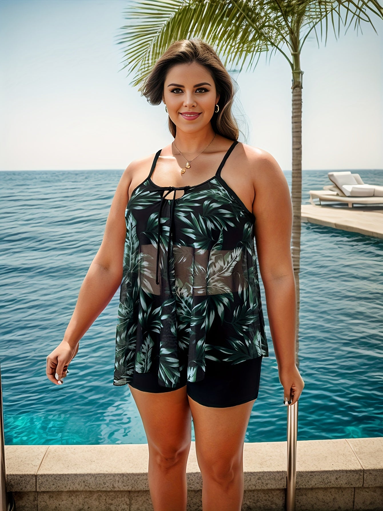 Leaf Print Tie Front Tankini Set