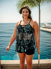 Leaf Print Tie Front Tankini Set