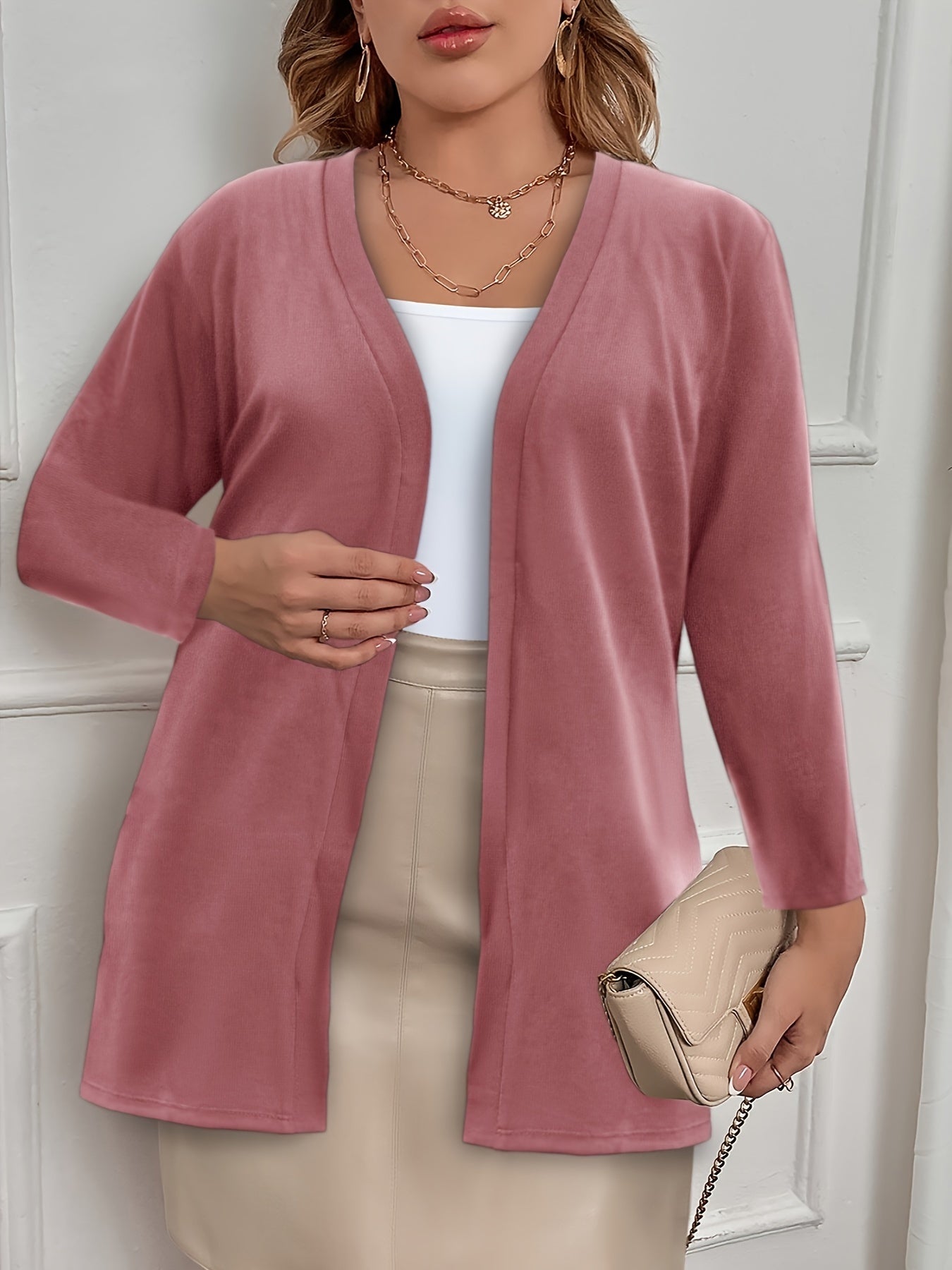 Casual Cardigan Women's Plus Solid Long Sleeve Open Front