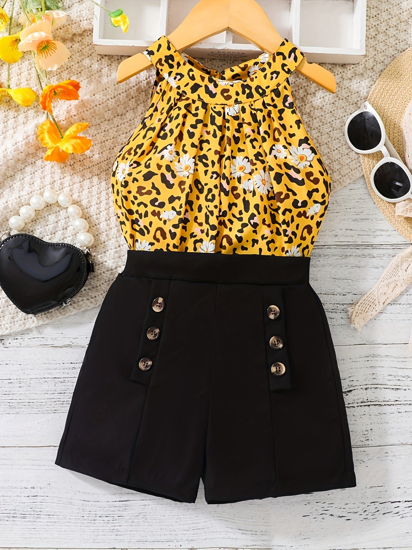 2pcs Toddler Girls Cow Graphic Halter Top & Double Breasted Shorts Set