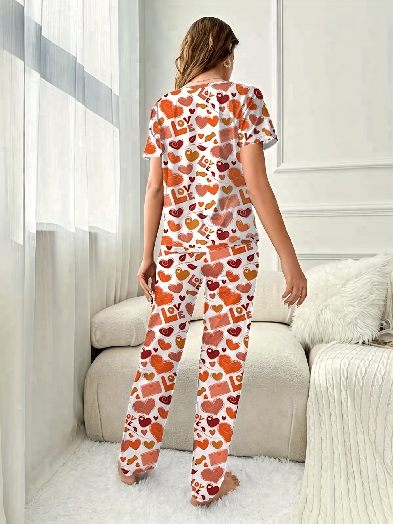 Heart Print Pajama Set Short Sleeve Top & Lounge Pants Women's Sleepwear