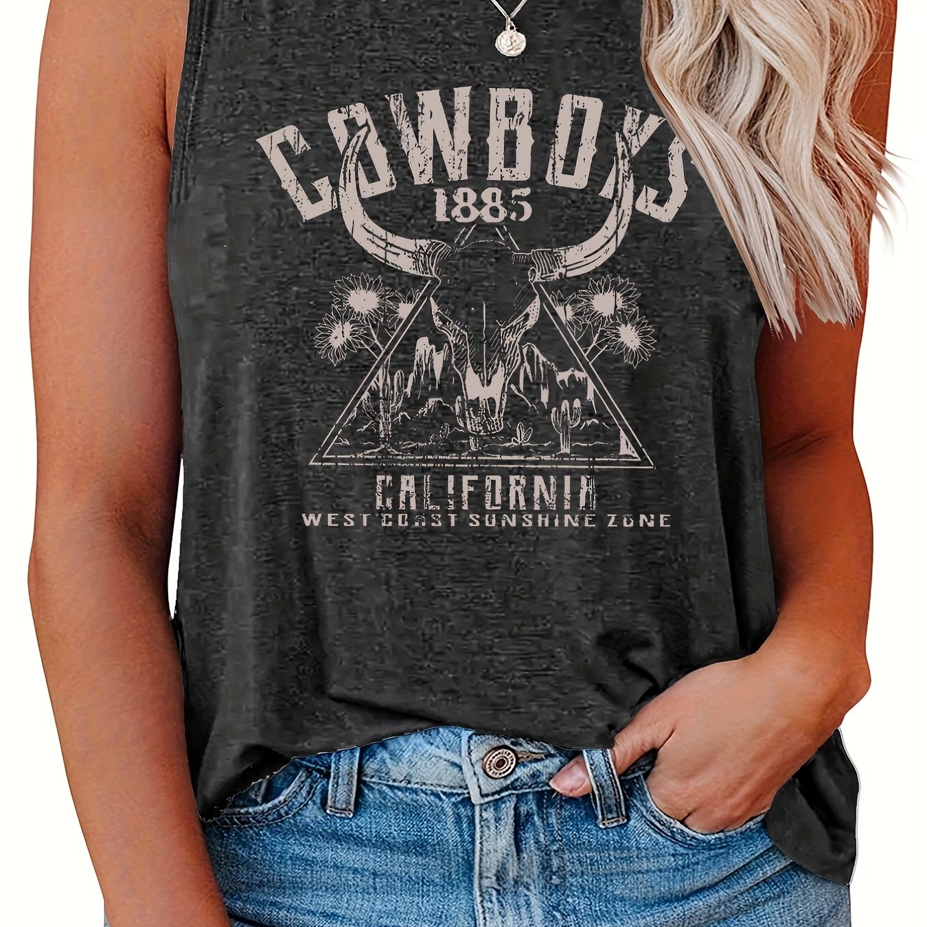 Women's Tank Top Letter & Cow Print Round Neck Western Style