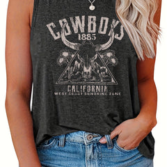 Women's Tank Top Letter & Cow Print Round Neck Western Style