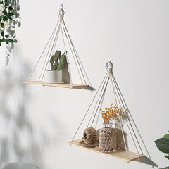 Bohemian Wooden Wall Hanging Shelf - Rustic Macrame Plant Shelf
