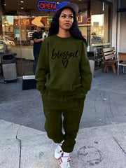Blessed Letter Print Casual Two piece Set Long Sleeve Tops & Drawstring