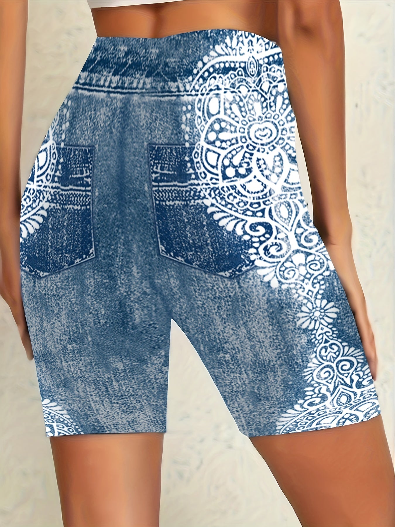 Denim Print High Waist Leggings Casual Leggings For Spring & Summer