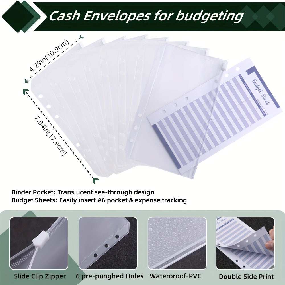 8pcs A6 Waterproof PVC Cash Envelopes for 6 Ring Binder