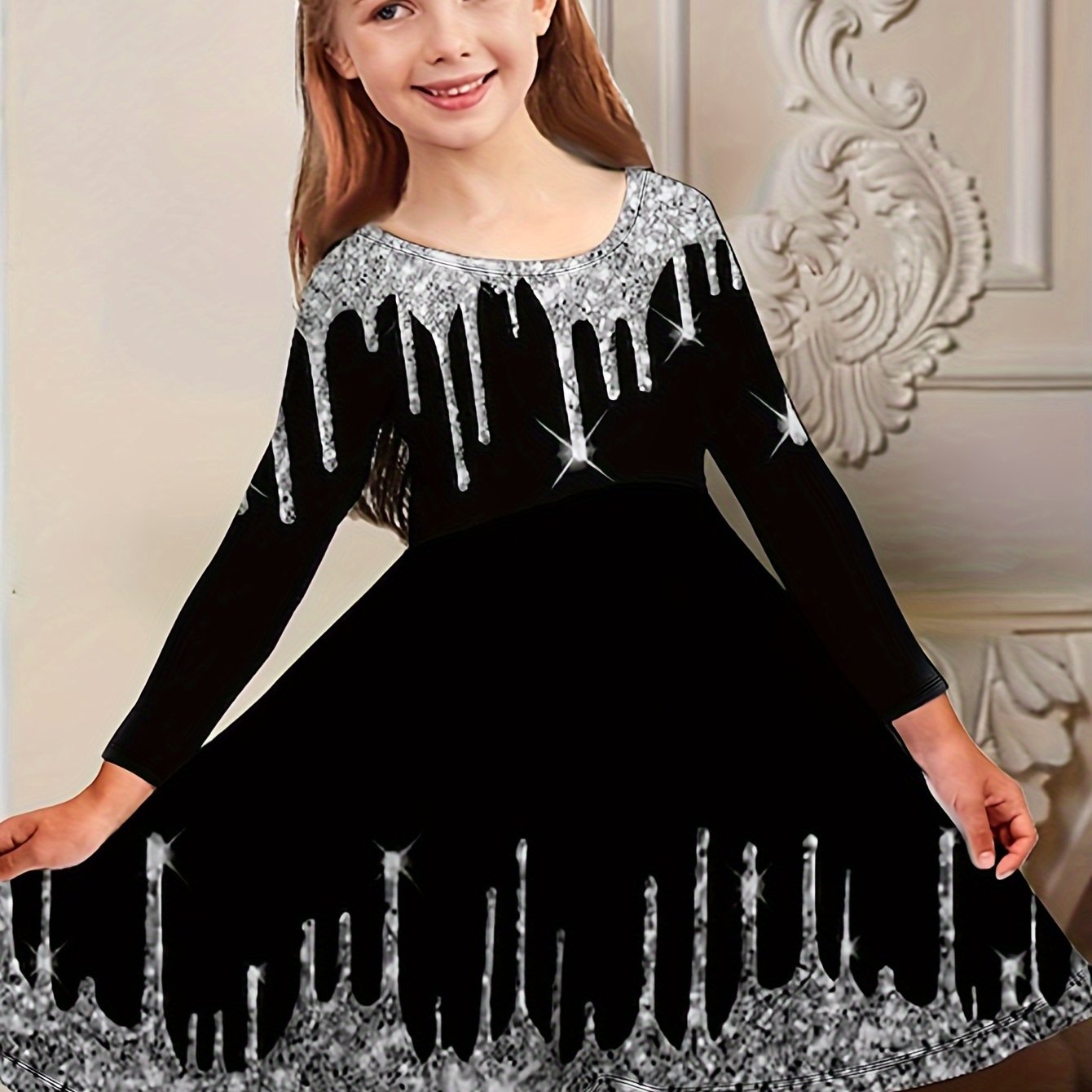 Girls Splicing Long Sleeve Dress Comfy Spring Fall Gift