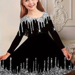 Girls Splicing Long Sleeve Dress Comfy Spring Fall Gift