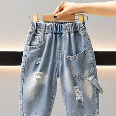 Boys Ripped Denim Jeans Cropped Pants with Pockets