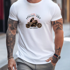 Biker & Dog Pattern Print Men's Comfy T shirt Graphic Tee Men's Outdoor Clothes