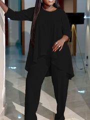 Solid Long Sleeve Round Neck Tunic Top & Pants Outfit Set