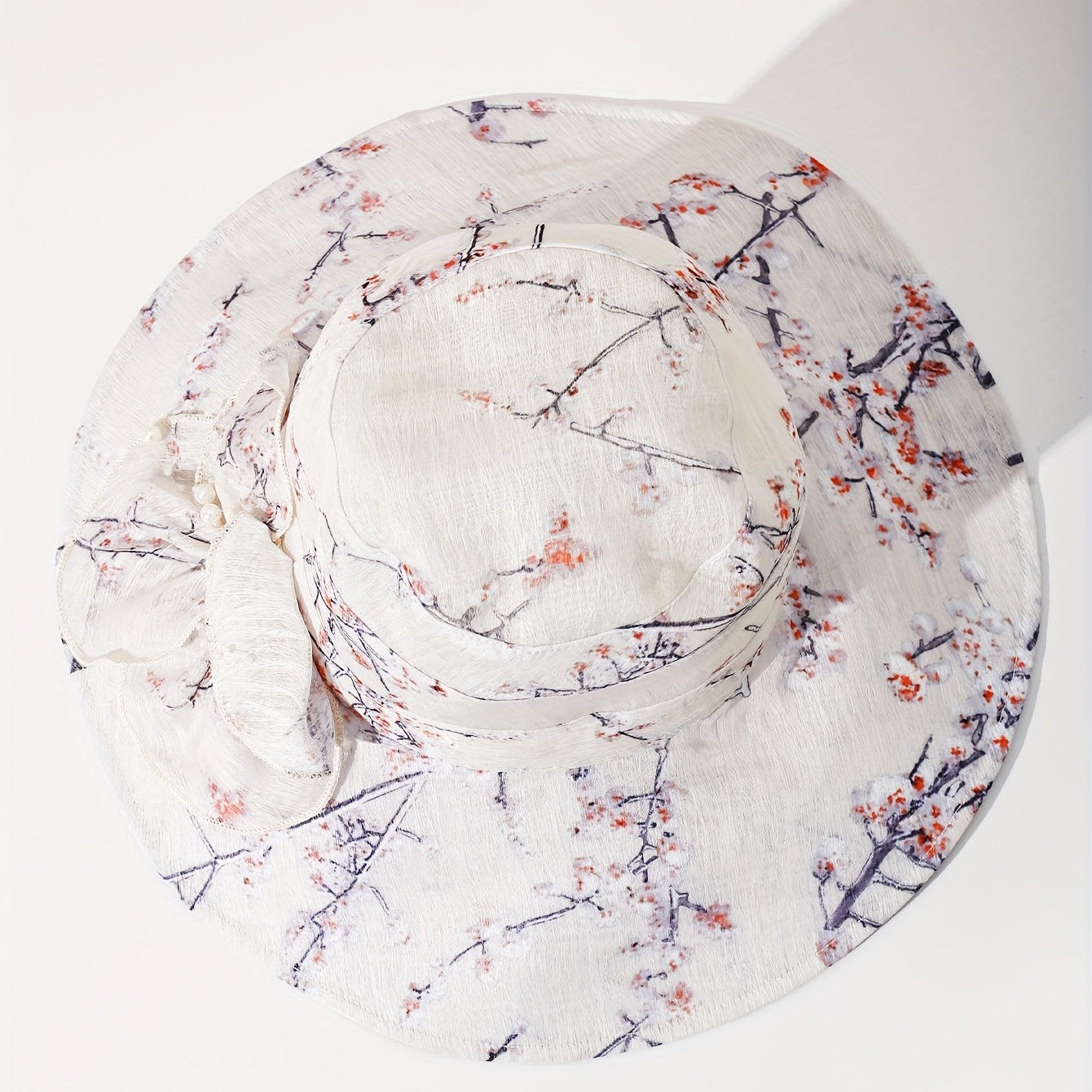 Plum Blossom Print Sun Hat Bow Decor Bucket Hat Wide Brim Travel Beach
