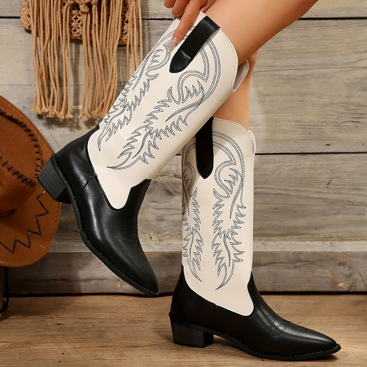 Women's Colorblock Western Boots Slip On Point Toe Chunky Heel Mid Calf