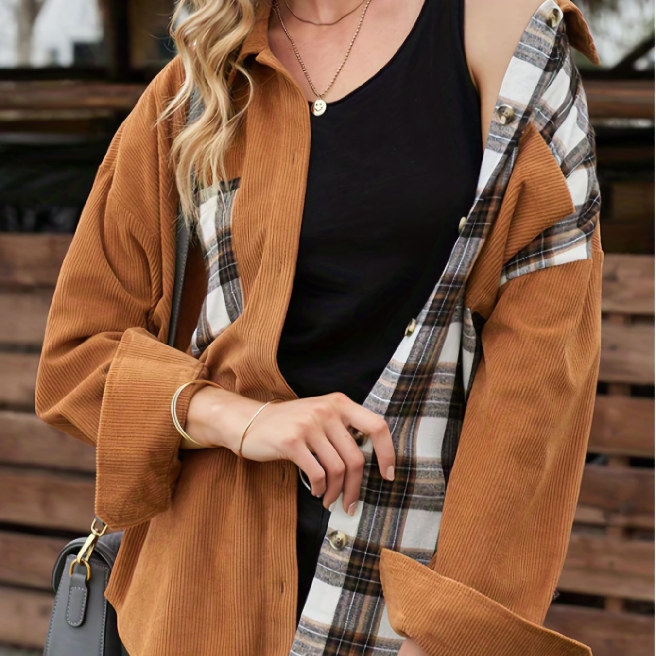 Plaid Print Button Front Jacket Vintage Outerwear Women's C