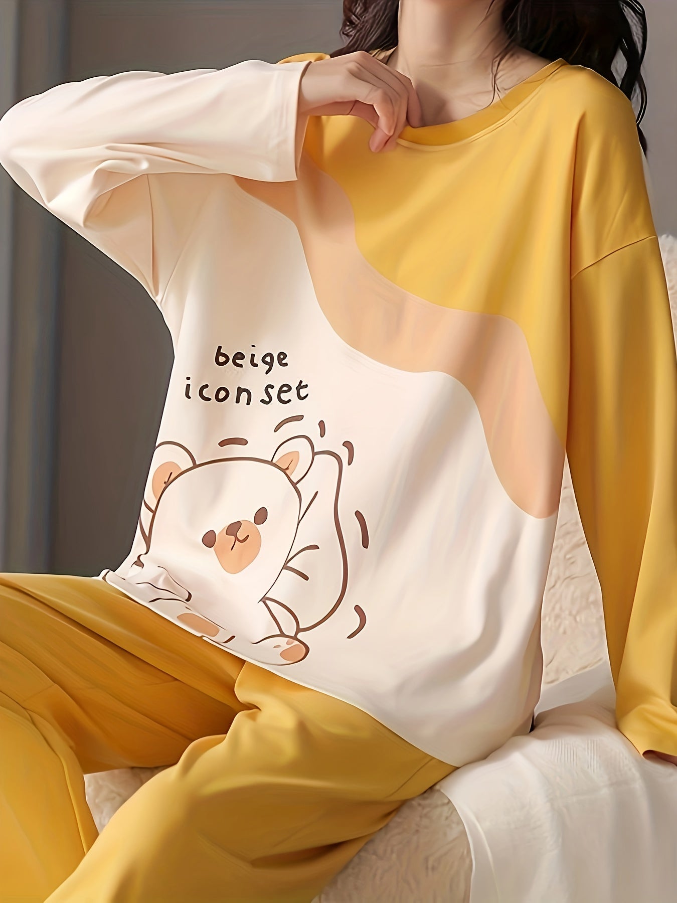 Bear Print Pajama Set Long Sleeve Top & Pants Women's Sleepwear
