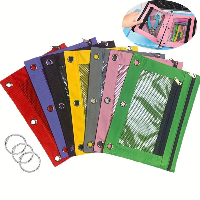 7pcs Zipper Pencil Pouches With Iron Rings For 3 Hole Binder