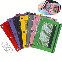 7pcs Zipper Pencil Pouches With Iron Rings For 3 Hole Binder