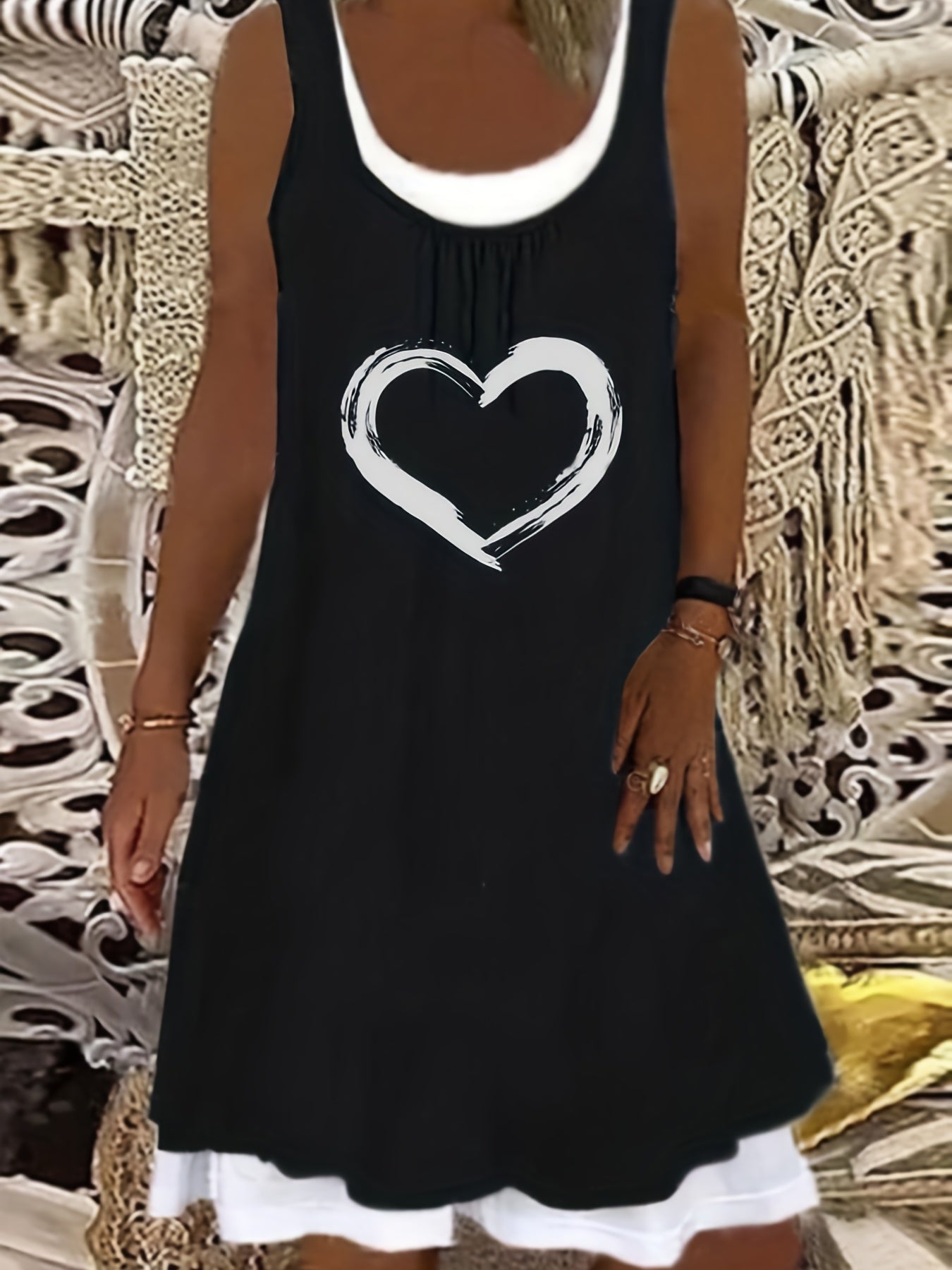 Heart Print Colorblock Round Neck Tank Dress