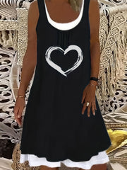 Heart Print Colorblock Round Neck Tank Dress