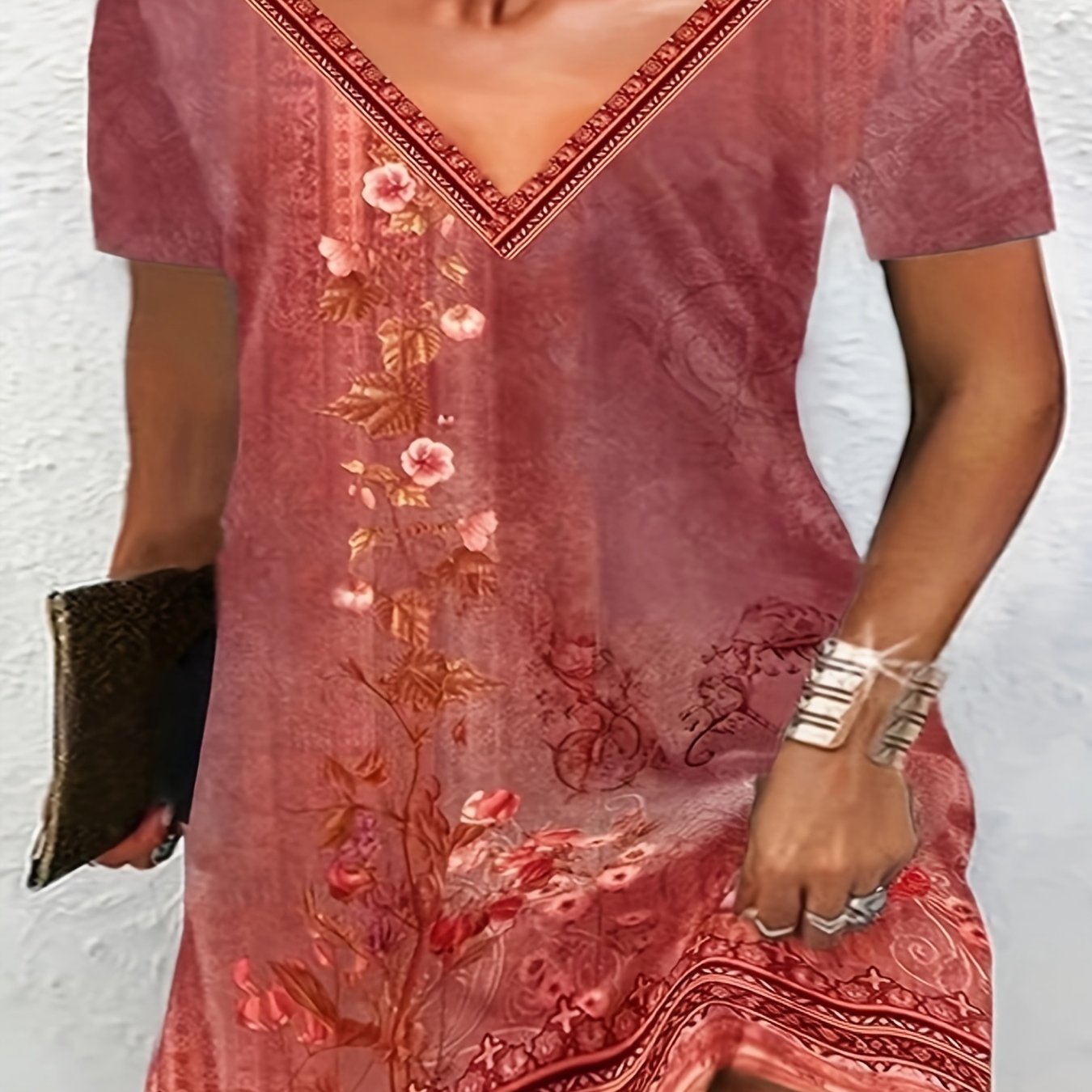 Floral Print V Neck Short Sleeve Dress