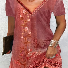 Floral Print V Neck Short Sleeve Dress