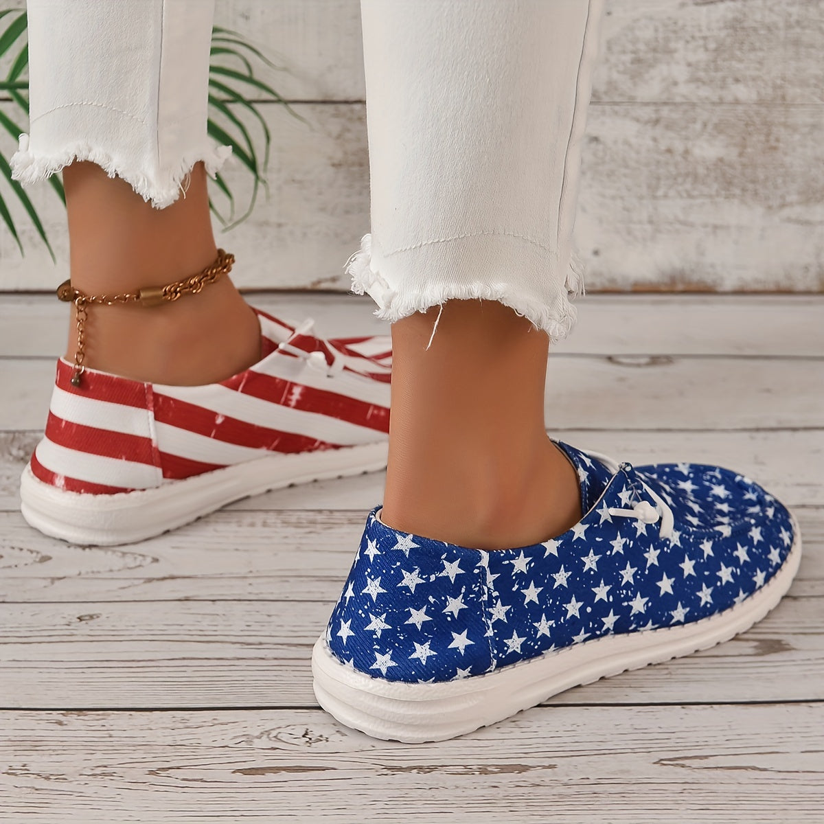 Women's Patriotic Mismatched Canvas Boat Shoes Lace Up Low Independence Shoes