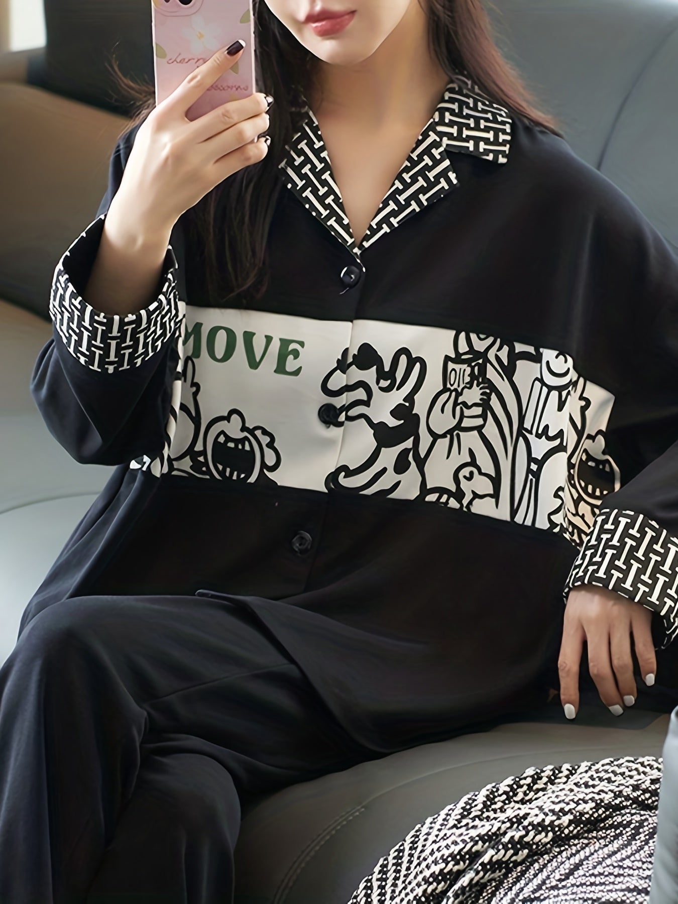 Cartoon Print Lounge Set Long Sleeve Top & Pants