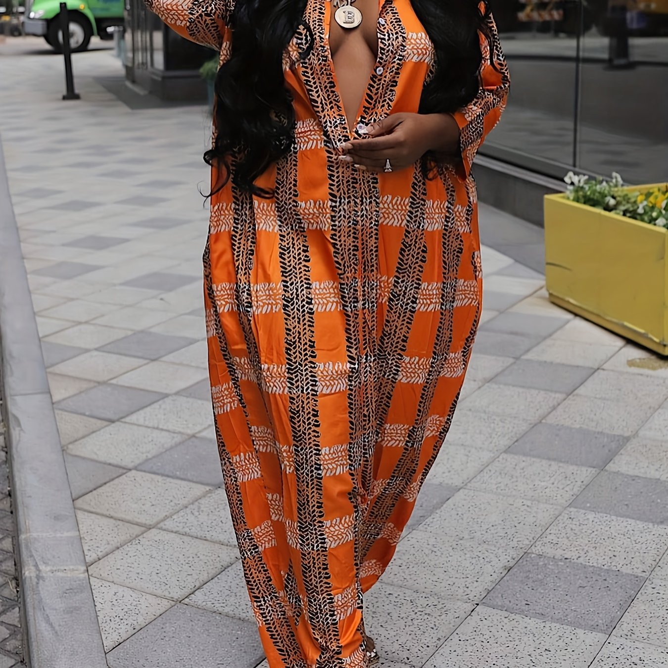 Grid Print Polo Neck Baggy Romper