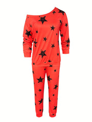 Star Print Two Piece Set Crew Neck Long Sleeve Top & Pants Outfit