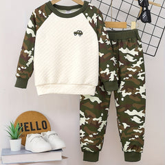 Toddler Boy's Camo Outfit 2pcs Waffle Texture Sweatshirt & Sweatpants Set
