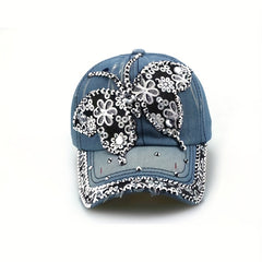 Rhinestone Butterfly Patch Baseball Cap Y2K Washed Distressed Sun Hat