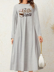 Coffee & Letter Print Long Sleeve Loungewear Dress