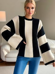 Casual Sweater Women's Plus Stripe Print Waffle Long Sleeve