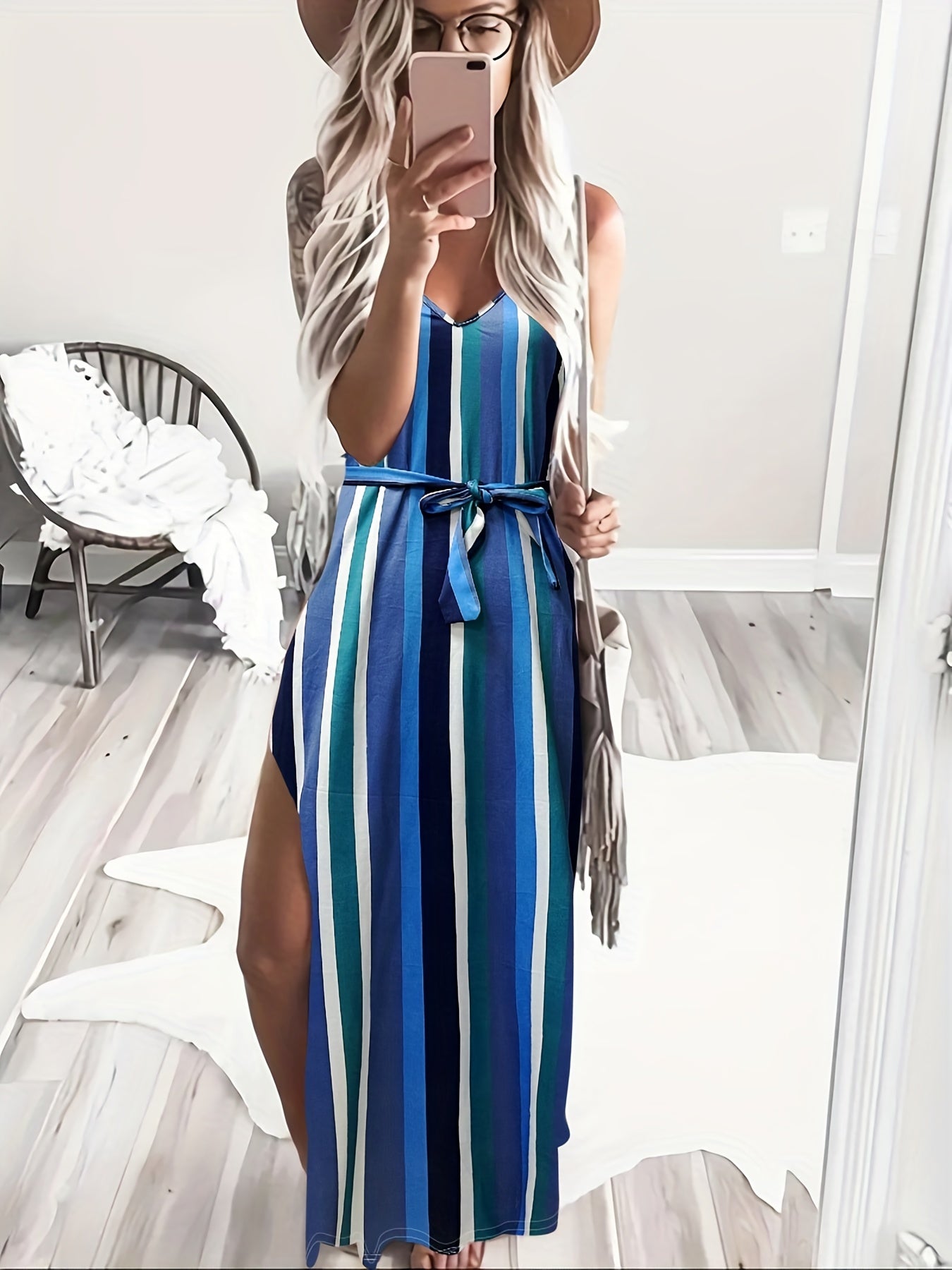 Striped Side Split Cami Dress Casual V neck Belted Spaghetti Dress