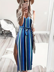 Striped Side Split Cami Dress Casual V neck Belted Spaghetti Dress