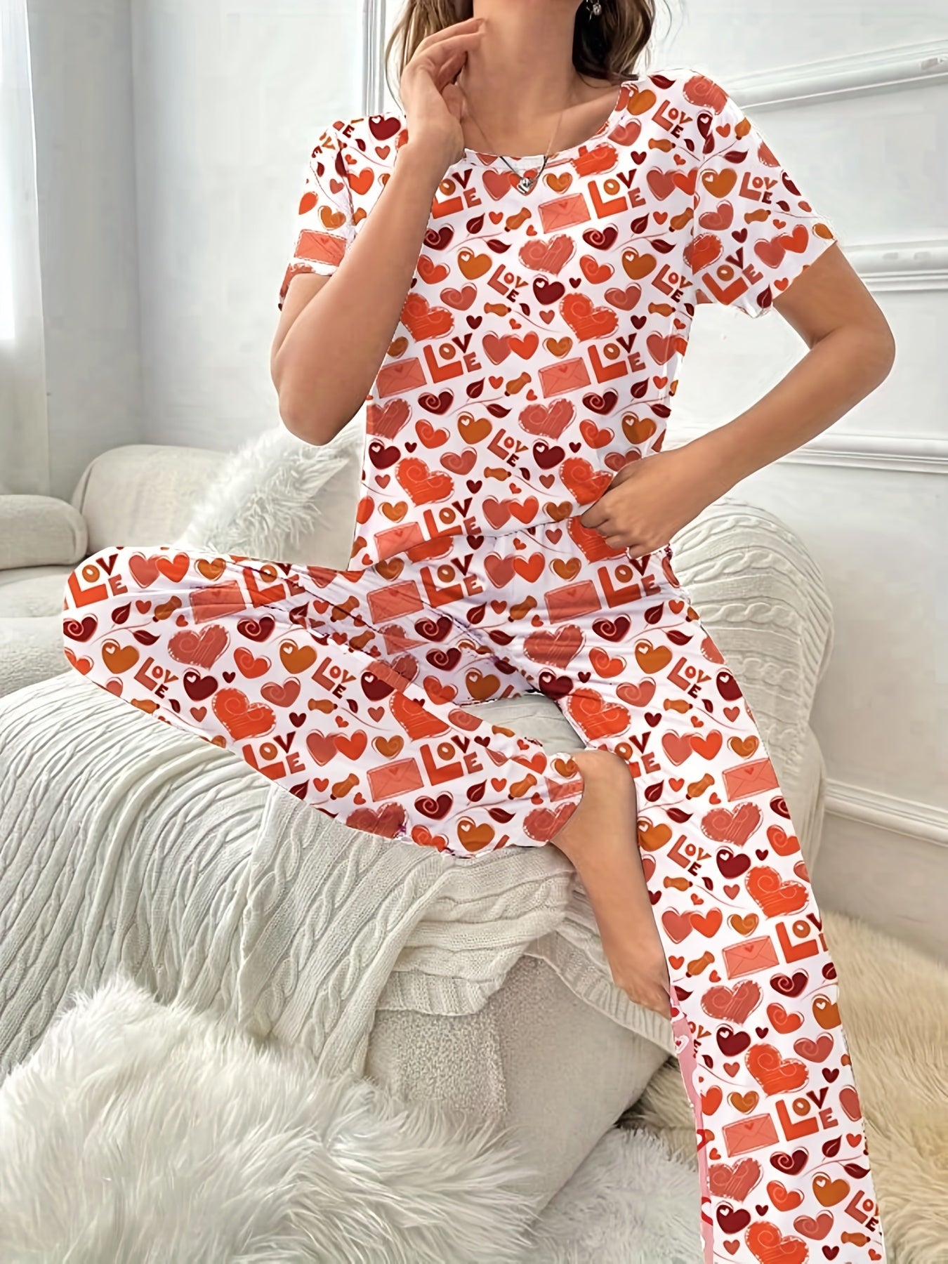 Heart Print Pajama Set Short Sleeve Top & Lounge Pants Women's Sleepwear