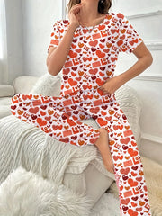 Heart Print Pajama Set Short Sleeve Top & Lounge Pants Women's Sleepwear