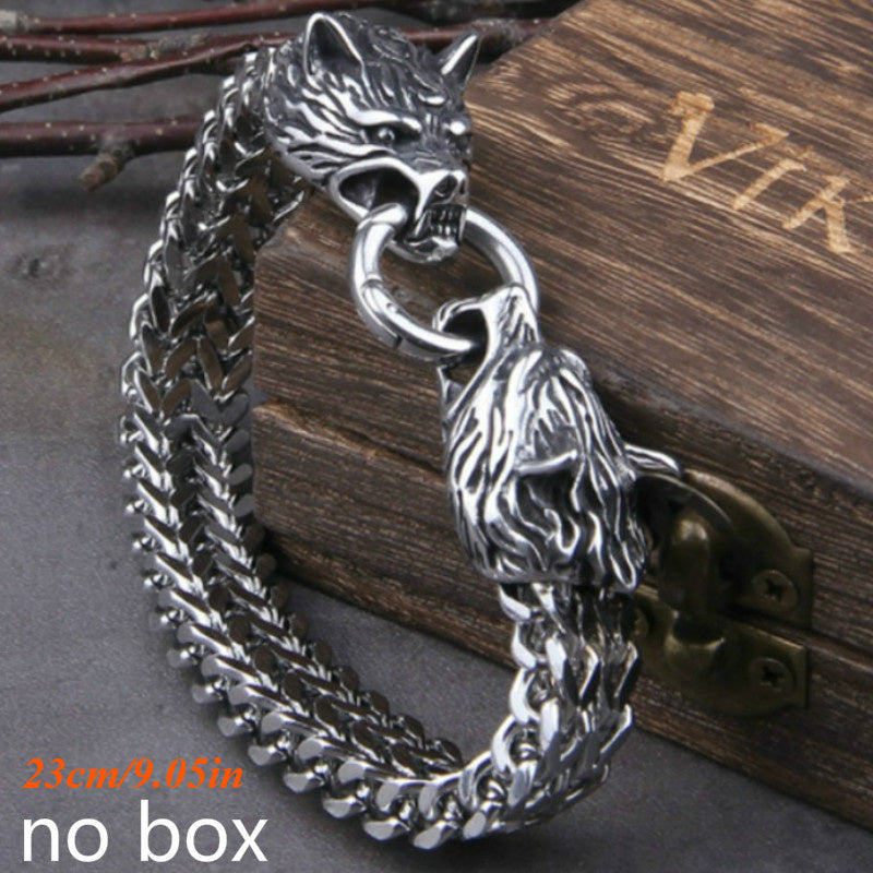 Viking Wolf Charm Bracelet Silvery Mesh Chain Men's Biker Jewelry