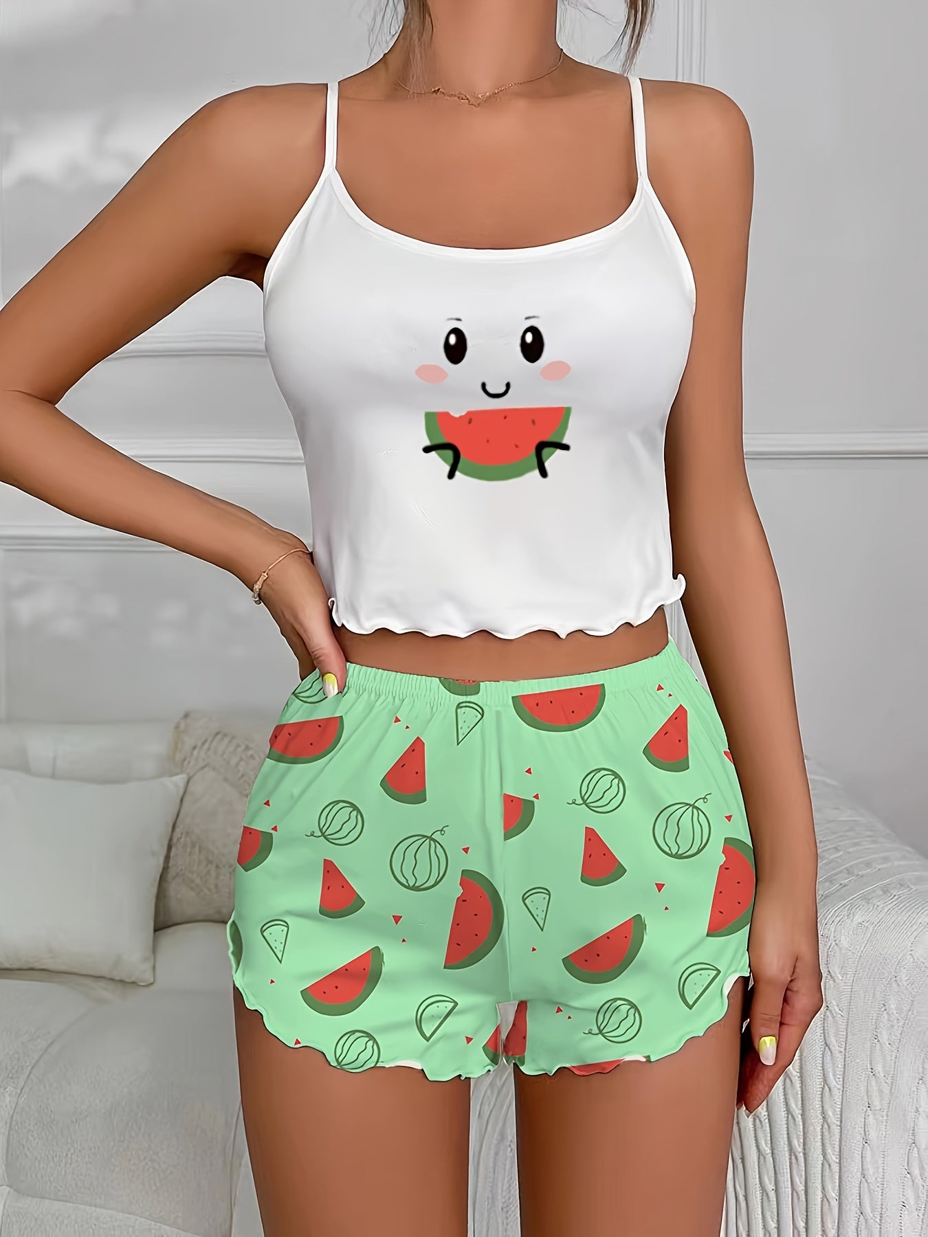 Cartoon Print Pajama Set - Crew Neck Cami Top & Shorts