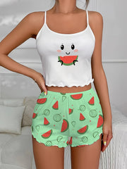 Cartoon Print Pajama Set - Crew Neck Cami Top & Shorts
