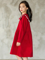 Girls Cotton Collar Dress Preppy Style Dresses For Party