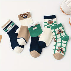 5pairs Boys Kids Crew Socks Cartoon Bear Pattern Socks
