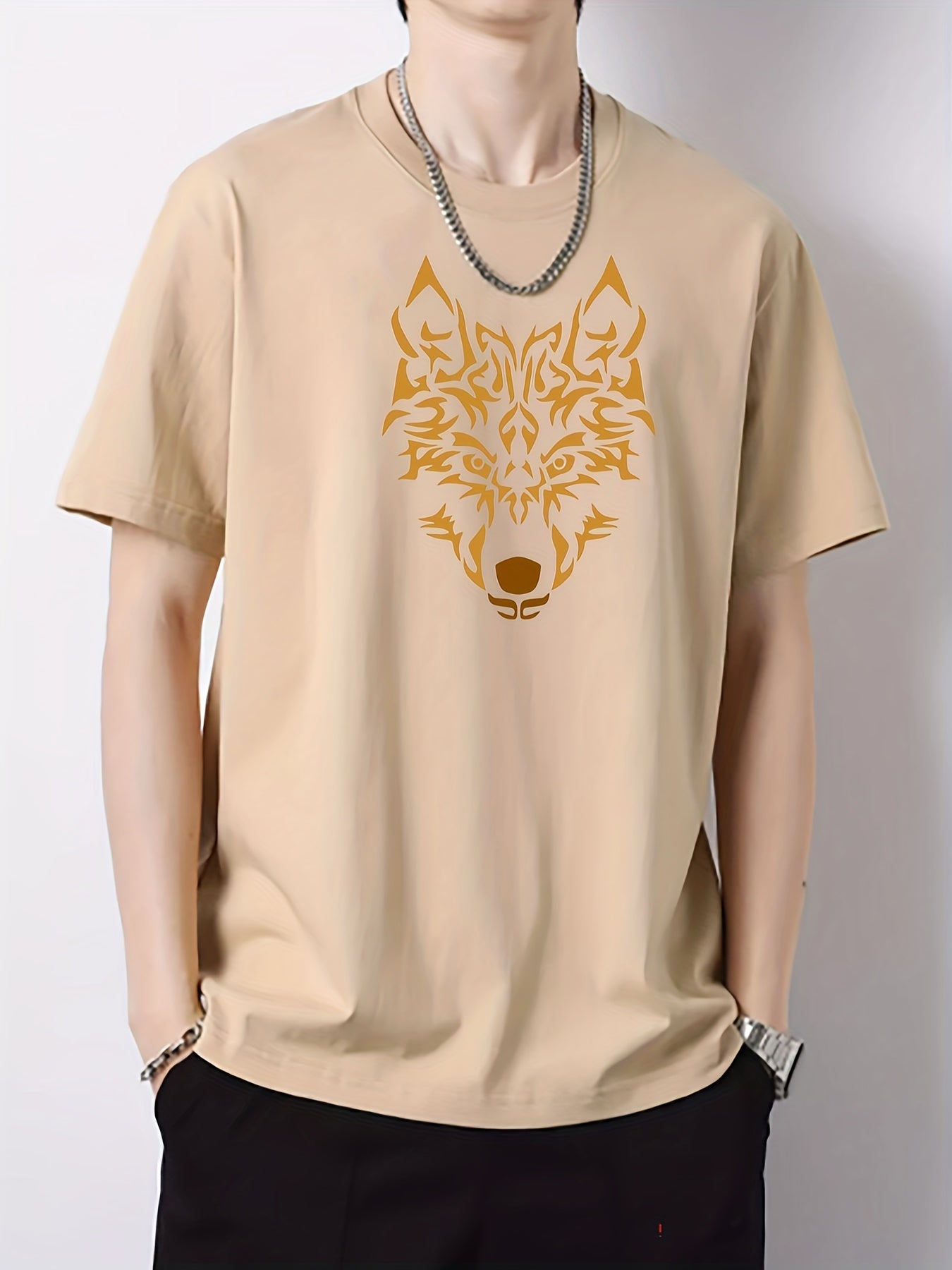Wolf Print Men's Cotton Graphic Crew Neck Active T shirt