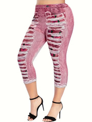 Women's Ripped Denim Print Leggings High Waist Yoga Pants