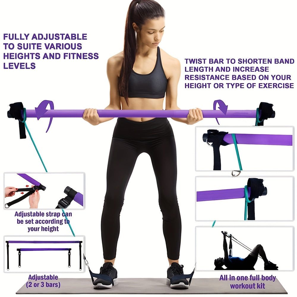 Pilates Bar Kit & Resistance Bands Fitness Set with Ab Roller